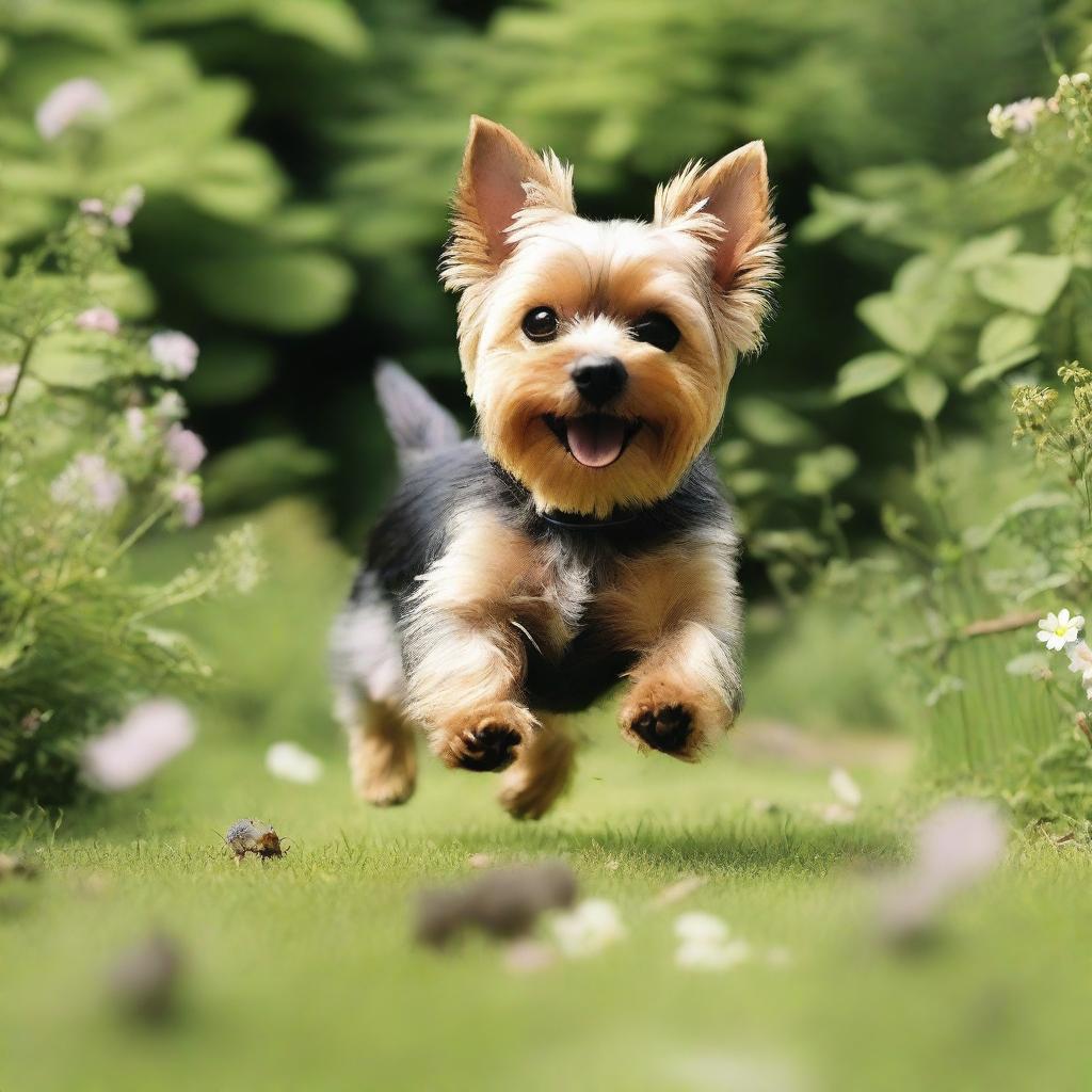 A Yorkshire Terrier dog energetically catching a rat in a garden