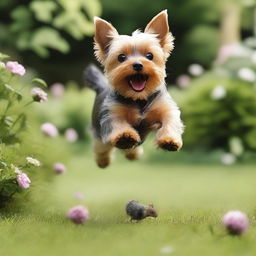 A Yorkshire Terrier dog energetically catching a rat in a garden