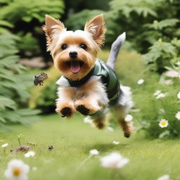 A Yorkshire Terrier dog energetically catching a rat in a garden