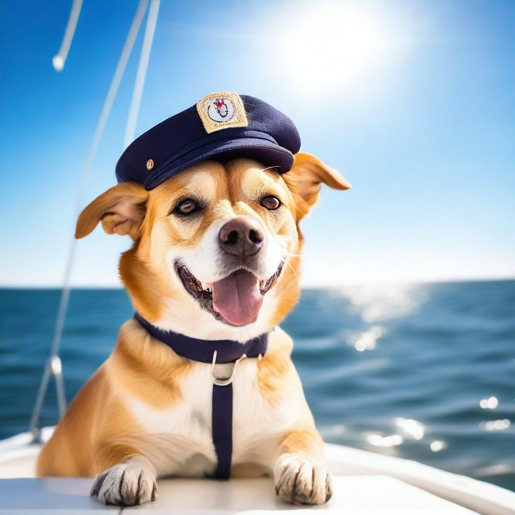 A cheerful dog sailing on the open sea, with the sun shining brightly and waves gently rolling