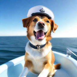 A cheerful dog sailing on the open sea, with the sun shining brightly and waves gently rolling