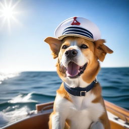 A cheerful dog sailing on the open sea, with the sun shining brightly and waves gently rolling