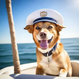 A cheerful dog sailing on the open sea, with the sun shining brightly and waves gently rolling