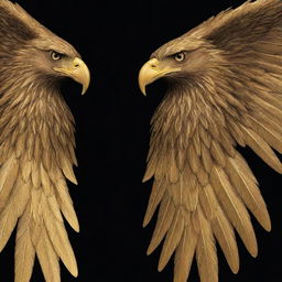 Generate an image of a straightforward, drawable eagle wing, styled using a luxurious gold color against a deep black wallpaper, accentuating the details and majesty of the eagle.