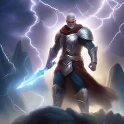 A heroic character on a quest for destiny, wielding a lightning-infused weapon