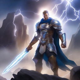 A heroic character on a quest for destiny, wielding a lightning-infused weapon