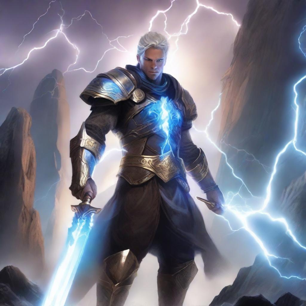 A heroic character on a quest for destiny, wielding a lightning-infused weapon