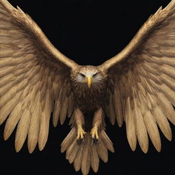 Generate an image of a straightforward, drawable eagle wing, styled using a luxurious gold color against a deep black wallpaper, accentuating the details and majesty of the eagle.