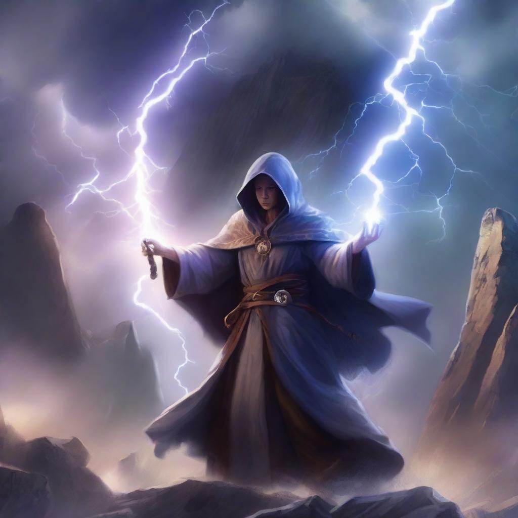 A powerful mage on a quest for destiny, casting a lightning spell