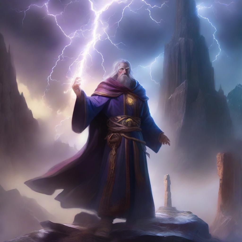 A powerful mage on a quest for destiny, casting a lightning spell