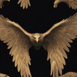 Generate an image of a straightforward, drawable eagle wing, styled using a luxurious gold color against a deep black wallpaper, accentuating the details and majesty of the eagle.