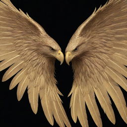 Generate an image of a straightforward, drawable eagle wing, styled using a luxurious gold color against a deep black wallpaper, accentuating the details and majesty of the eagle.