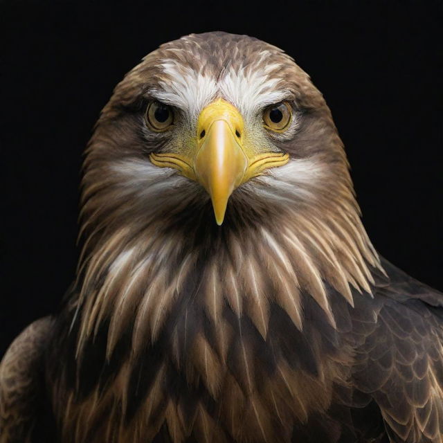 Craft an image of an eagle with a focus on its wing, ready for easy drawing. Use a majestic gold color for the eagle, contrasting with a deep black wallpaper. The eagle's head should also be clearly visible.