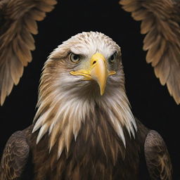 Craft an image of an eagle with a focus on its wing, ready for easy drawing. Use a majestic gold color for the eagle, contrasting with a deep black wallpaper. The eagle's head should also be clearly visible.