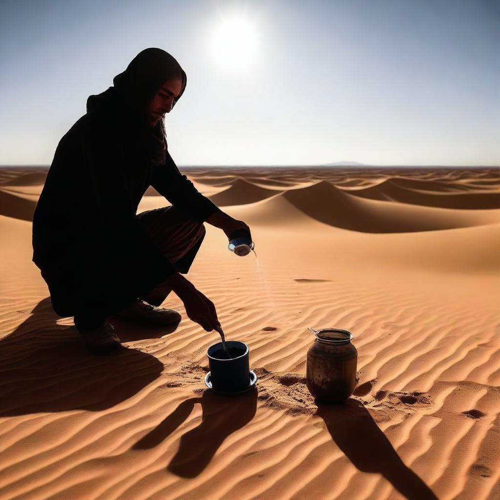 A person in the Libyan desert is trying to conserve water