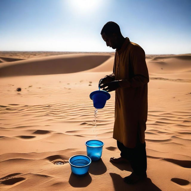 A person in the Libyan desert is trying to conserve water