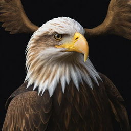 Craft an image of an eagle with a focus on its wing, ready for easy drawing. Use a majestic gold color for the eagle, contrasting with a deep black wallpaper. The eagle's head should also be clearly visible.