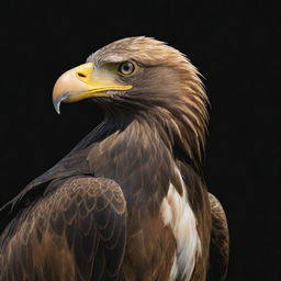 Craft an image of an eagle with a focus on its wing, ready for easy drawing. Use a majestic gold color for the eagle, contrasting with a deep black wallpaper. The eagle's head should also be clearly visible.