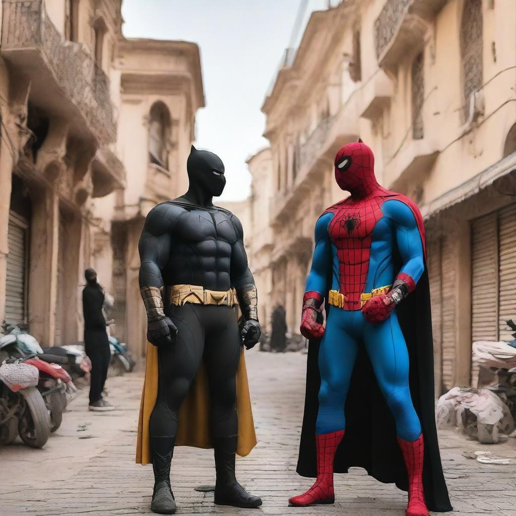 Spider-Man and Batman are drinking coffee with Thanos in the streets of Tripoli, the capital of Libya