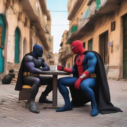 Spider-Man and Batman are drinking coffee with Thanos in the streets of Tripoli, the capital of Libya