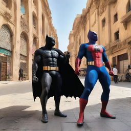 Spider-Man and Batman are drinking coffee with Thanos in the streets of Tripoli, the capital of Libya