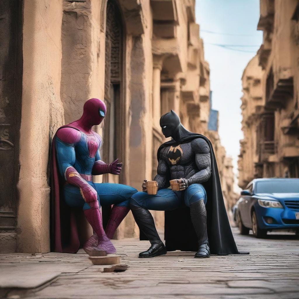 Spider-Man and Batman are drinking coffee with Thanos in the streets of Tripoli, the capital of Libya