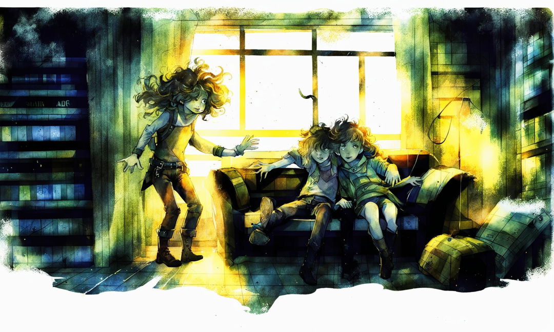 A watercolour storyboard's twelfth act featuring Jake and Liam being saved by a young girl dressed in leather pants and waistcoat, who ushers them into an untidy room with a dusty old sofa and sunlight streaking in through a gap in the curtain.