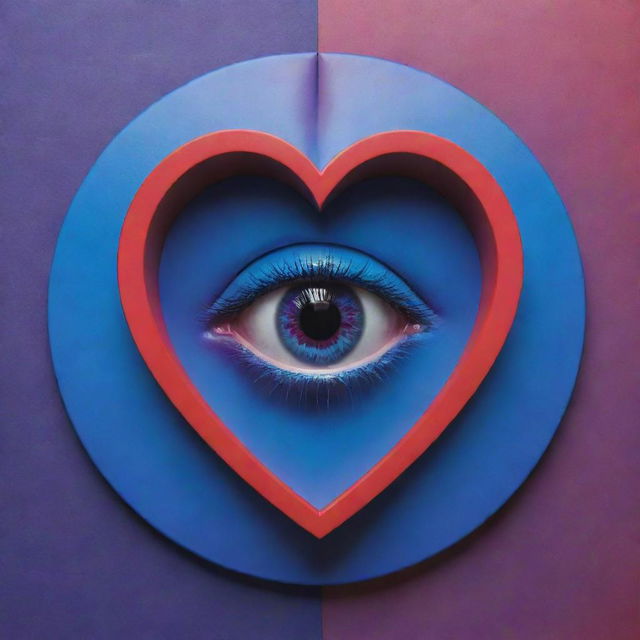 A music album cover in hues of blue, red, and purple. A 3D heart takes center stage, with a unique eye embedded within. Saturn's ring encircles the pupils of this eye. Include the phrase 'Rich Zone'.