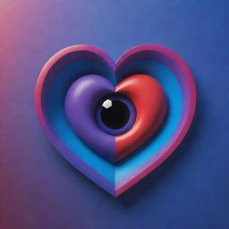 A music album cover in hues of blue, red, and purple. A 3D heart takes center stage, with a unique eye embedded within. Saturn's ring encircles the pupils of this eye. Include the phrase 'Rich Zone'.