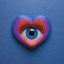 A music album cover in hues of blue, red, and purple. A 3D heart takes center stage, with a unique eye embedded within. Saturn's ring encircles the pupils of this eye. Include the phrase 'Rich Zone'.