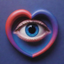 A music album cover in hues of blue, red, and purple. A 3D heart takes center stage, with a unique eye embedded within. Saturn's ring encircles the pupils of this eye. Include the phrase 'Rich Zone'.