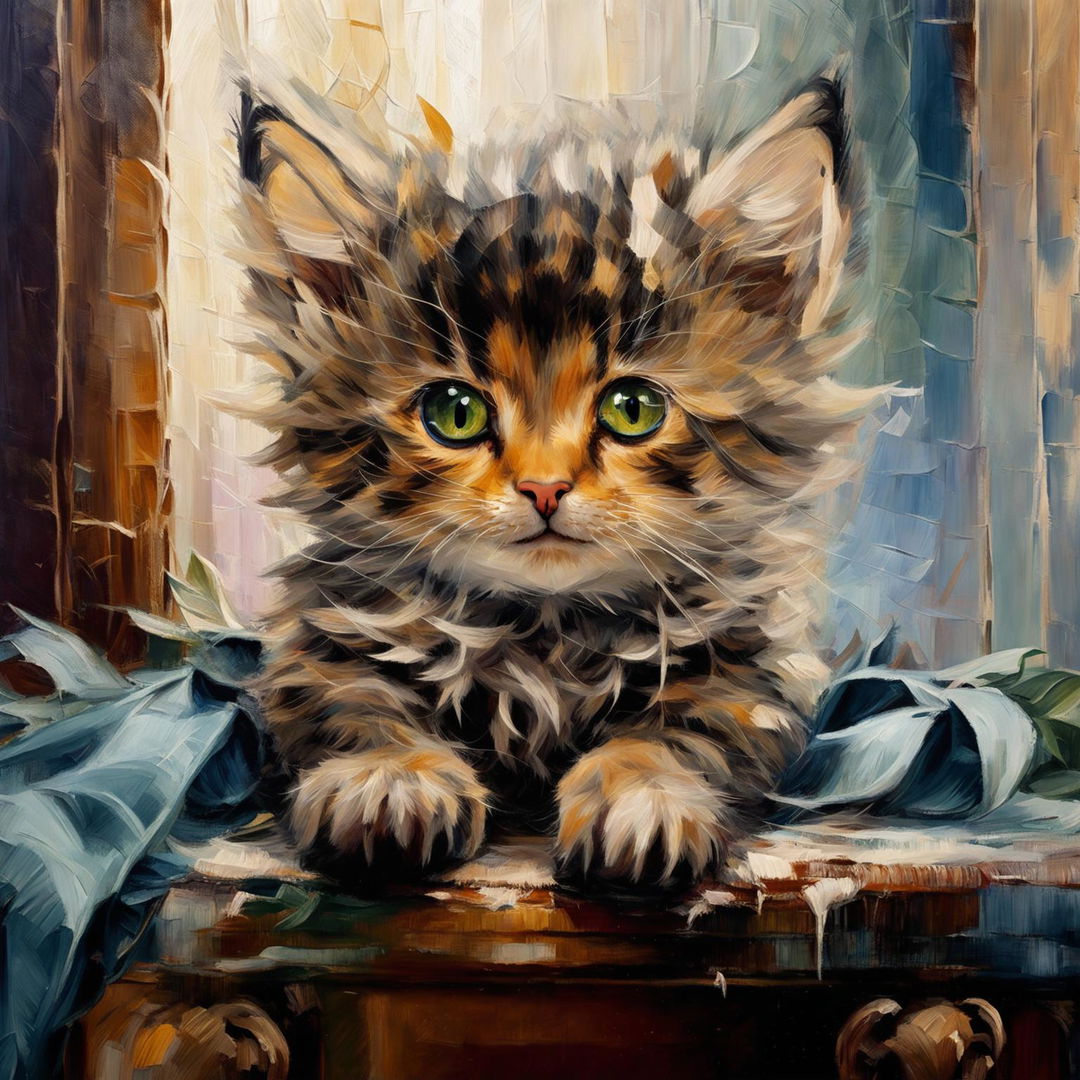 Oil painting of an adorable fluffy kitten with emerald green eyes sitting on a royal blue velvet cushion placed on an antique wooden table against a pastel-colored background.