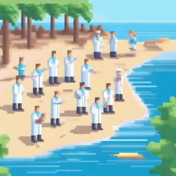 A group of doctors cleaning up a beach and collecting samples