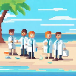 A group of doctors cleaning up a beach and collecting samples