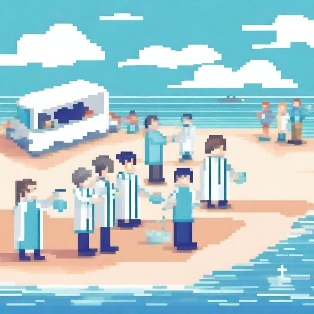 A group of doctors cleaning up a beach and collecting samples