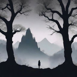 A mysterious forest with dense, dark trees and mountains in the background