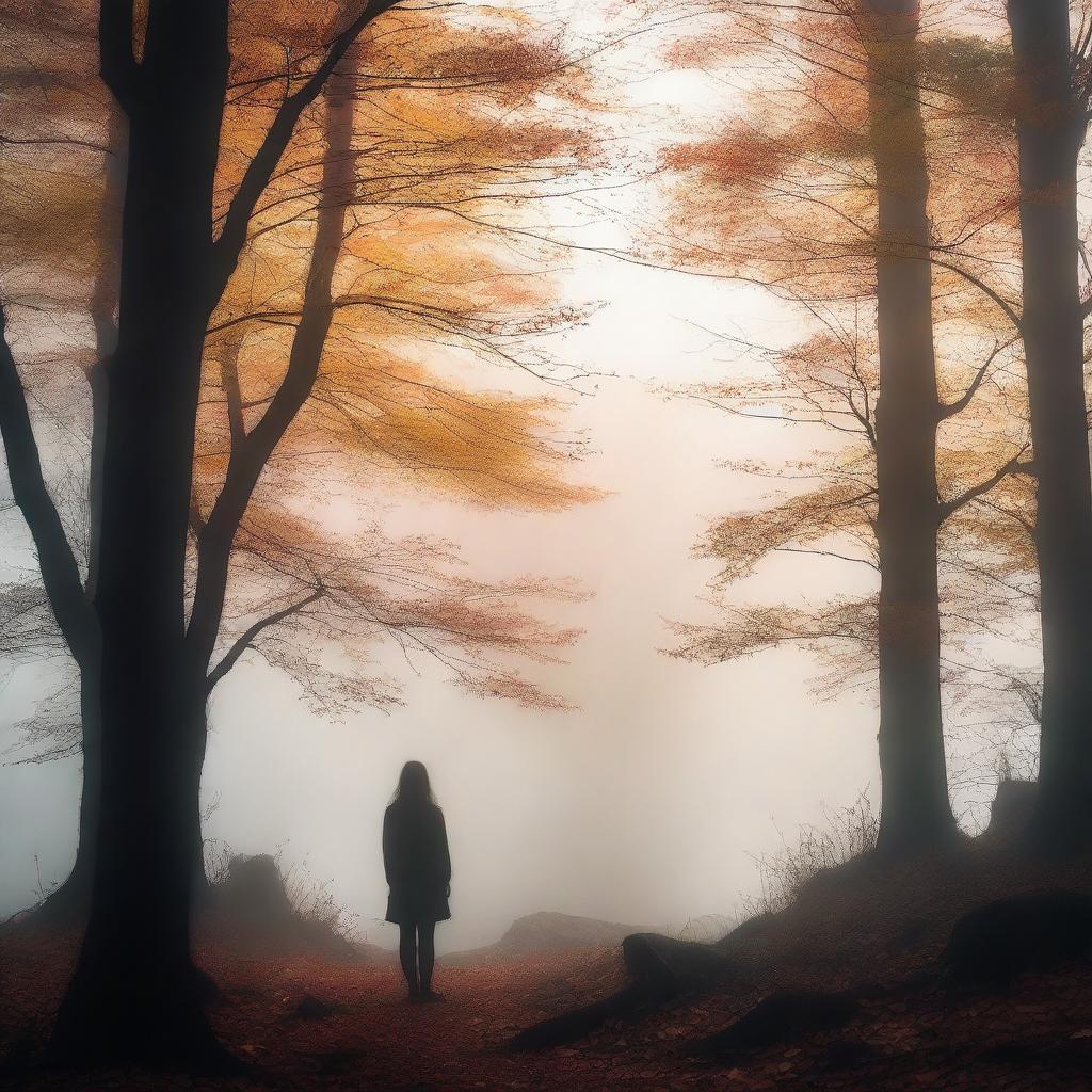 A mysterious autumn forest with vibrant fall foliage, featuring mountains in the background and the silhouette of a girl on the right side of the image