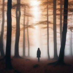 A mysterious autumn forest with vibrant fall foliage, featuring mountains in the background and the silhouette of a girl on the right side of the image