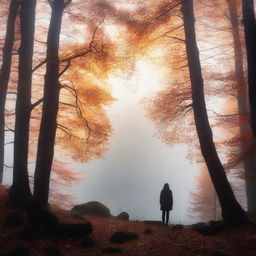 A mysterious autumn forest with vibrant fall foliage, featuring mountains in the background and the silhouette of a girl on the right side of the image