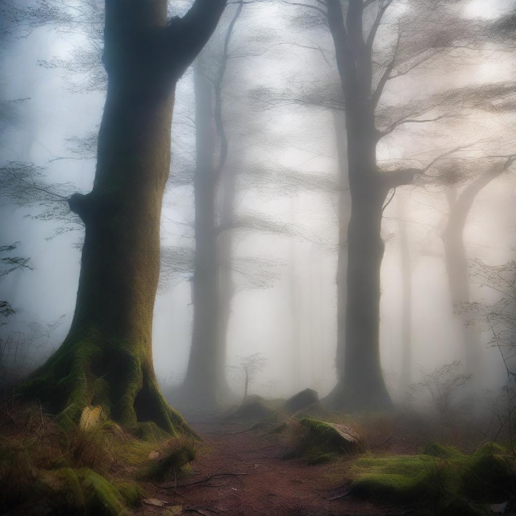 A mysterious forest with dense trees and an ethereal atmosphere, with towering mountains in the background shrouded in mist