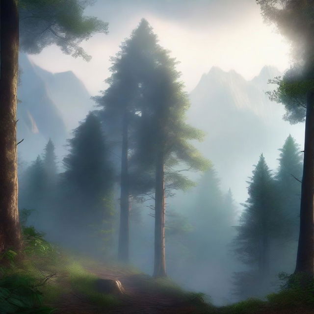 A mysterious forest with dense trees and an ethereal atmosphere, with towering mountains in the background shrouded in mist