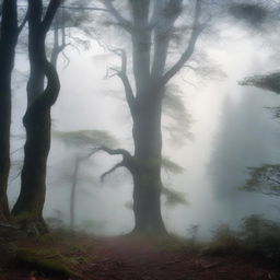 A mysterious forest with dense trees and an ethereal atmosphere, with towering mountains in the background shrouded in mist