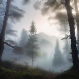 A mysterious forest with dense trees and an ethereal atmosphere, with towering mountains in the background shrouded in mist