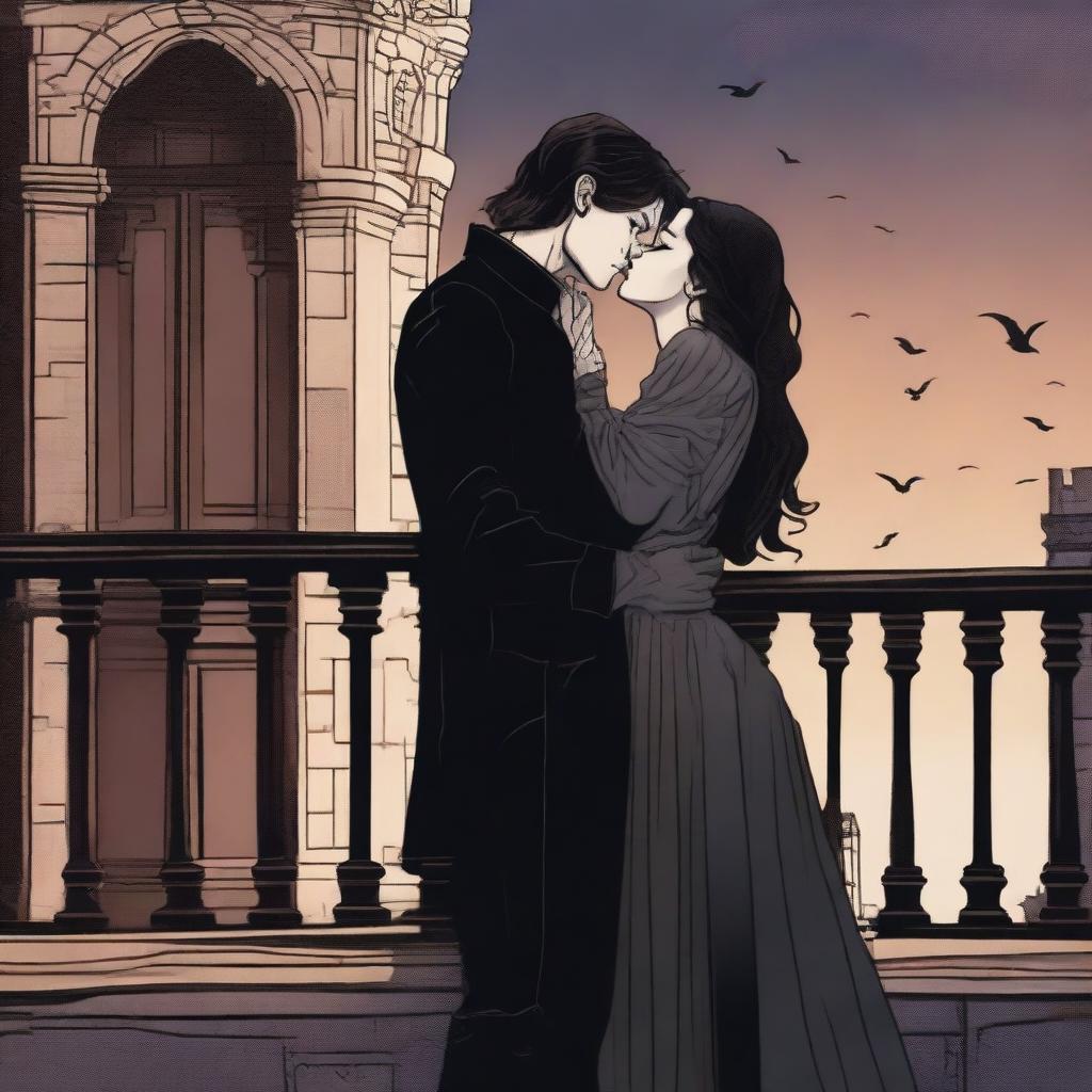 A rough-textured acrylic illustration of a handsome young man standing on a castle balcony, kissing a beautiful woman who is floating in the air