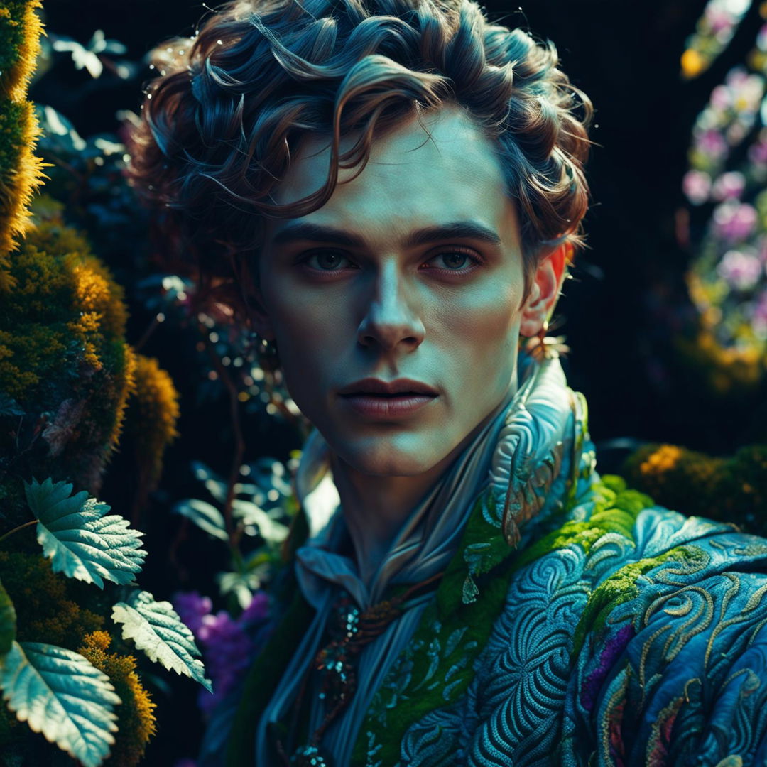 Hyper-realistic 3D photograph of a Russian androgynous man in a mystical forest, surrounded by vibrant flowers. The image is high definition, close-up, and filled with intricate details, exuding fantasy, rococo and spirit vibes.