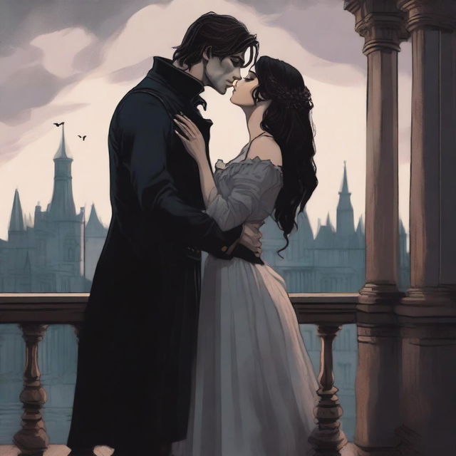 A rough-textured acrylic illustration of a handsome young man standing on a castle balcony, kissing a beautiful woman who is floating in the air