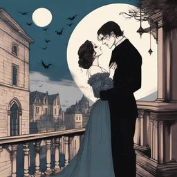 A rough-textured acrylic illustration of a handsome young man standing on a castle balcony, kissing a beautiful woman who is floating in the air