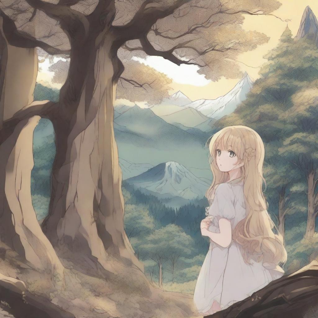 A mysterious forest with mountains in the background