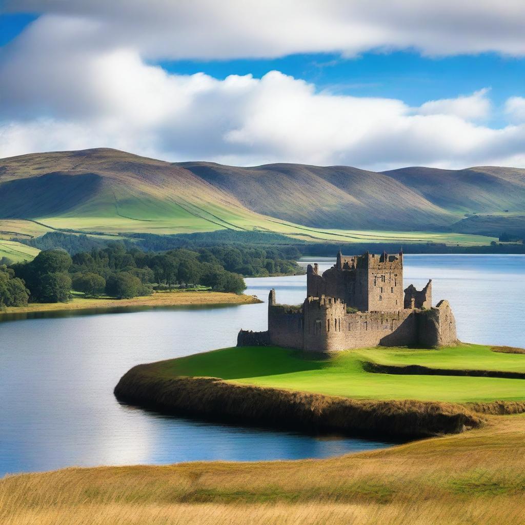 A picturesque Scottish landscape featuring rolling green hills, a serene loch, and an ancient castle in the background