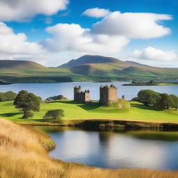 A picturesque Scottish landscape featuring rolling green hills, a serene loch, and an ancient castle in the background